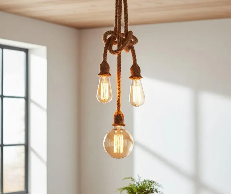 Knot Rope Chandelier (3-10 Arms), Custom Length (50-350cm), Rustic Farmhouse Multi Pendant Light for Cafe Bar