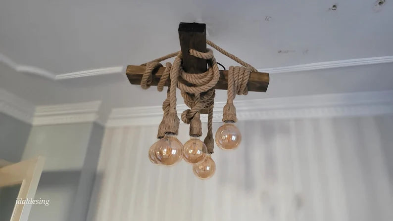 Chunky Rope Cross Beam Chandelier, Rustic Beam Light, Custom Farmhouse Lighting, 5-Light Dining Room Fixture