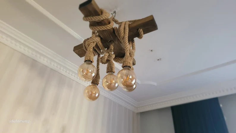 Chunky Rope Cross Beam Chandelier, Rustic Beam Light, Custom Farmhouse Lighting, 5-Light Dining Room Fixture