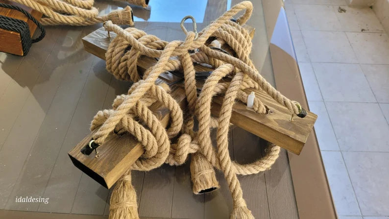 Chunky Rope Cross Beam Chandelier, Rustic Beam Light, Custom Farmhouse Lighting, 5-Light Dining Room Fixture