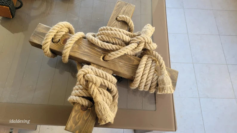 Chunky Rope Cross Beam Chandelier, Rustic Beam Light, Custom Farmhouse Lighting, 5-Light Dining Room Fixture