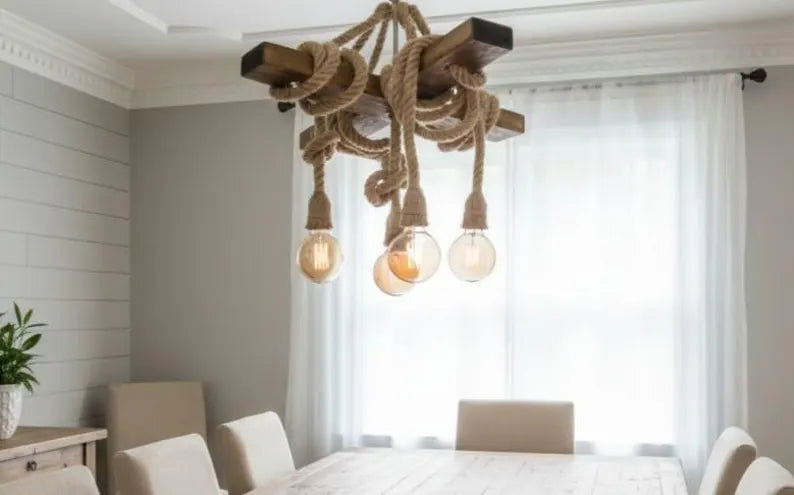 Chunky Rope Cross Beam Chandelier, Rustic Beam Light, Custom Farmhouse Lighting, 5-Light Dining Room Fixture