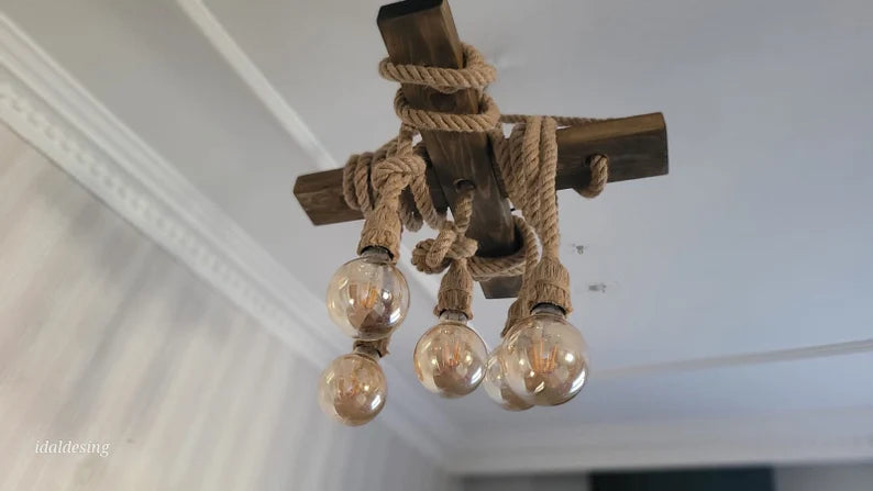 Chunky Rope Cross Beam Chandelier, Rustic Beam Light, Custom Farmhouse Lighting, 5-Light Dining Room Fixture