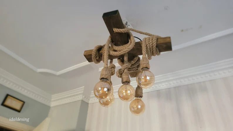Chunky Rope Cross Beam Chandelier, Rustic Beam Light, Custom Farmhouse Lighting, 5-Light Dining Room Fixture