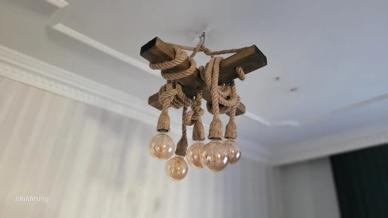 Chunky Rope Cross Beam Chandelier, Rustic Beam Light, Custom Farmhouse Lighting, 5-Light Dining Room Fixture