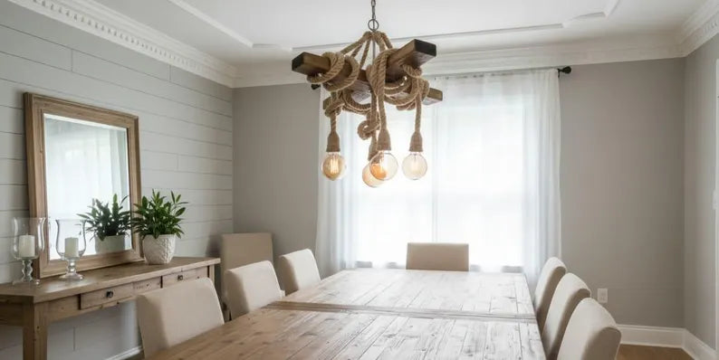 Chunky Rope Cross Beam Chandelier, Rustic Beam Light, Custom Farmhouse Lighting, 5-Light Dining Room Fixture