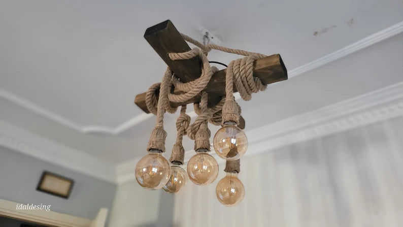 Chunky Rope Cross Beam Chandelier, Rustic Beam Light, Custom Farmhouse Lighting, 5-Light Dining Room Fixture