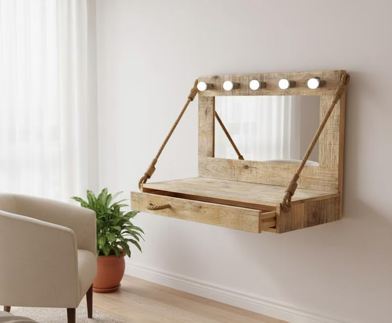 The Solid Pine Wood Vanity Table with Lighted Mirror - Rustic Hollywood Style Makeup Dressing Table