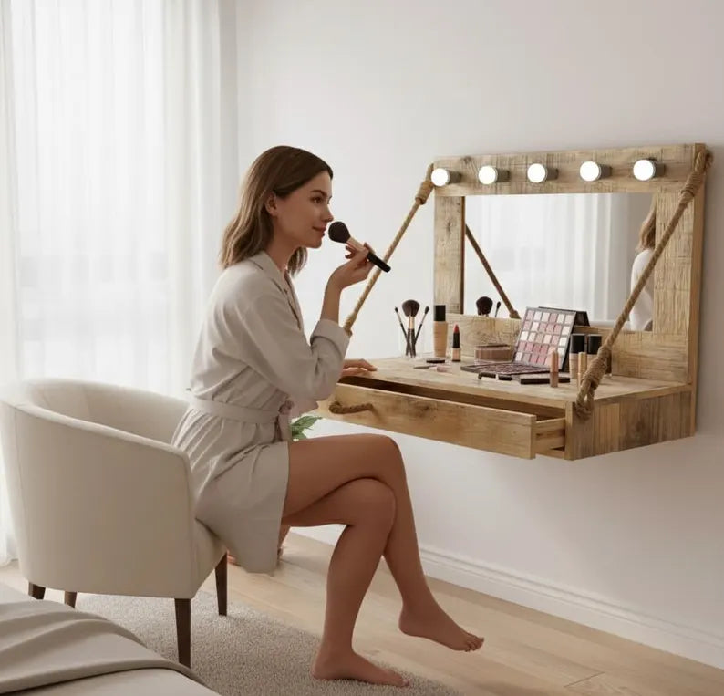 The Solid Pine Wood Vanity Table with Lighted Mirror - Rustic Hollywood Style Makeup Dressing Table