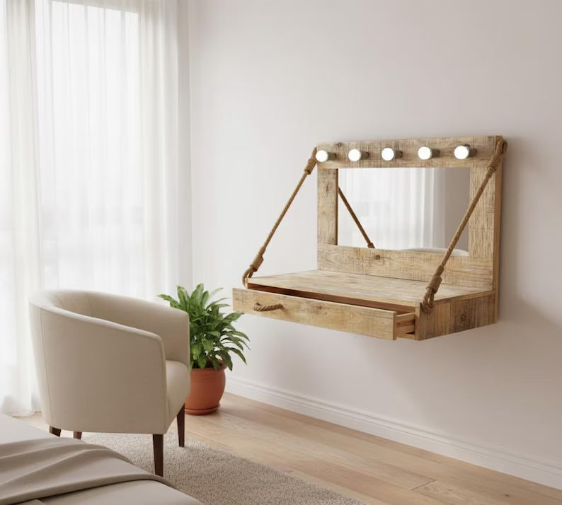 The Solid Pine Wood Vanity Table with Lighted Mirror - Rustic Hollywood Style Makeup Dressing Table