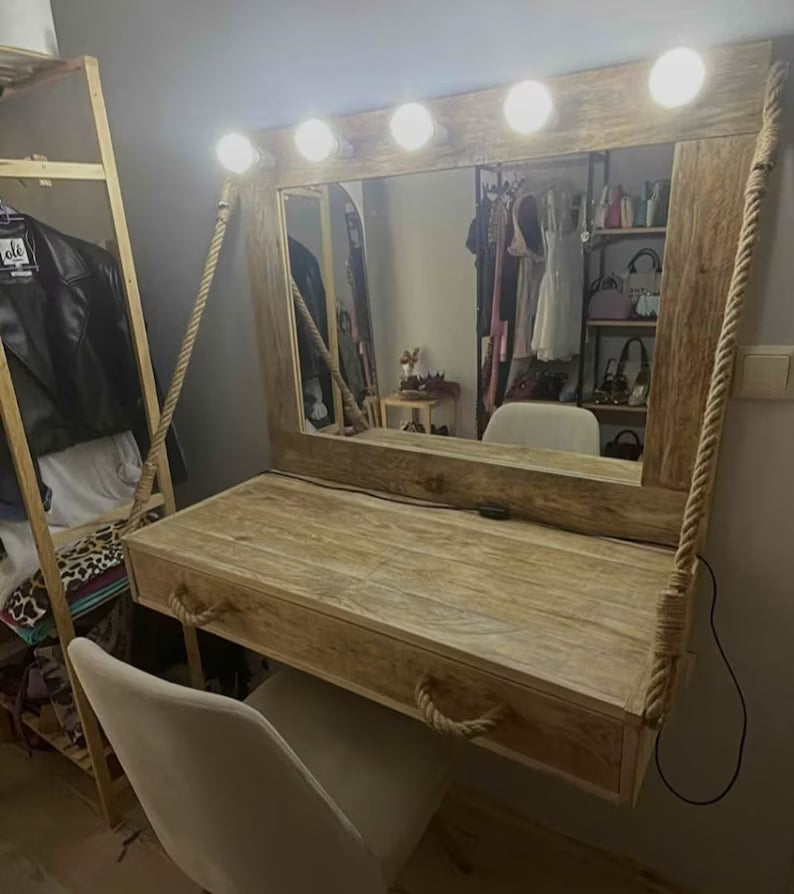 The Solid Pine Wood Vanity Table with Lighted Mirror - Rustic Hollywood Style Makeup Dressing Table