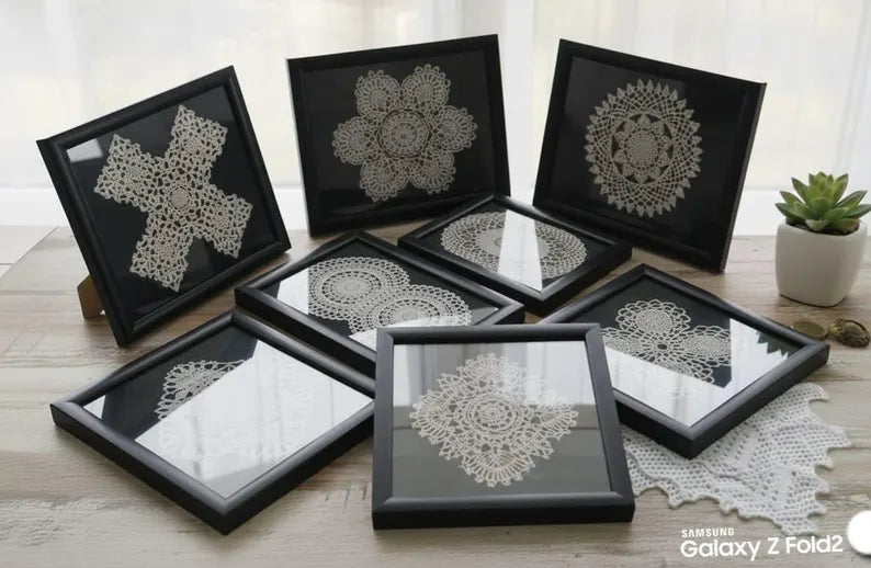 Handmade Framed Crochet Art Vintage Lace Doily Wall Decor Made by Homeartparis production
