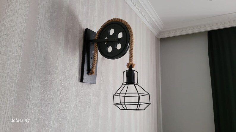Home Art Paris - Industrial Cage Wall Sconce, Rustic Pulley Lamp, Wood & Rope Wall Light Fixture, Bar - Man Cave Decor