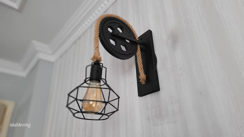 Home Art Paris - Industrial Cage Wall Sconce, Rustic Pulley Lamp, Wood & Rope Wall Light Fixture, Bar - Man Cave Decor