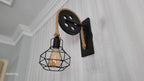 Home Art Paris - Industrial Cage Wall Sconce, Rustic Pulley Lamp, Wood & Rope Wall Light Fixture, Bar - Man Cave Decor