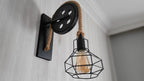 Home Art Paris - Industrial Cage Wall Sconce, Rustic Pulley Lamp, Wood & Rope Wall Light Fixture, Bar - Man Cave Decor