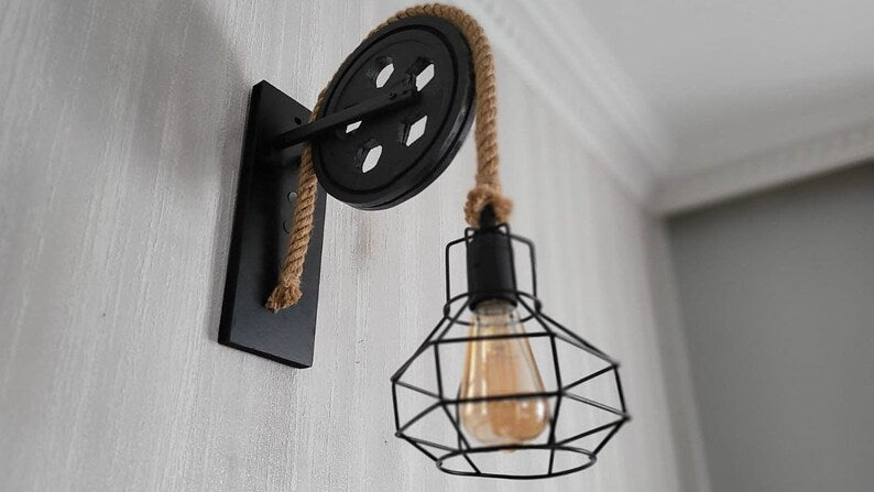 Home Art Paris - Industrial Cage Wall Sconce, Rustic Pulley Lamp, Wood & Rope Wall Light Fixture, Bar - Man Cave Decor