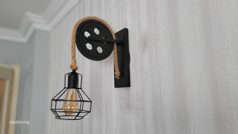Home Art Paris - Industrial Cage Wall Sconce, Rustic Pulley Lamp, Wood & Rope Wall Light Fixture, Bar - Man Cave Decor