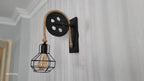 Home Art Paris - Industrial Cage Wall Sconce, Rustic Pulley Lamp, Wood & Rope Wall Light Fixture, Bar - Man Cave Decor