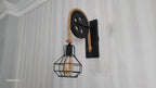 Home Art Paris - Industrial Cage Wall Sconce, Rustic Pulley Lamp, Wood & Rope Wall Light Fixture, Bar - Man Cave Decor