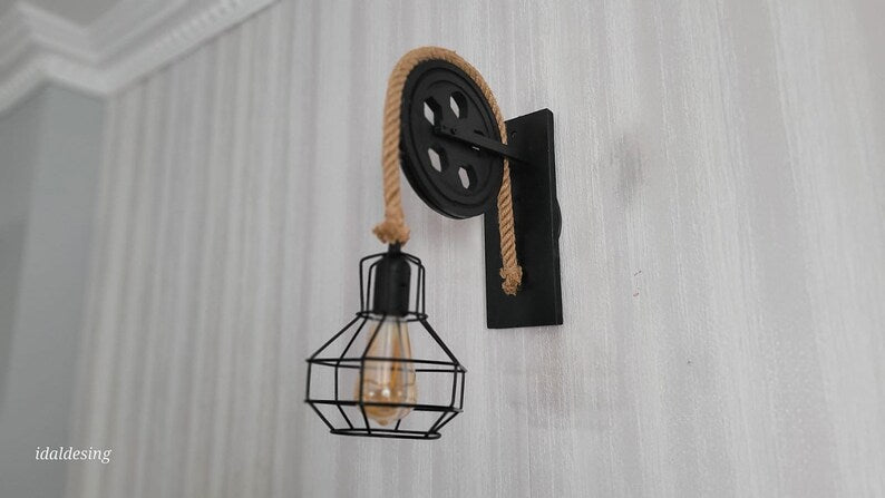 Home Art Paris - Industrial Cage Wall Sconce, Rustic Pulley Lamp, Wood & Rope Wall Light Fixture, Bar - Man Cave Decor