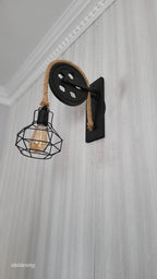 Home Art Paris - Industrial Cage Wall Sconce, Rustic Pulley Lamp, Wood & Rope Wall Light Fixture, Bar - Man Cave Decor