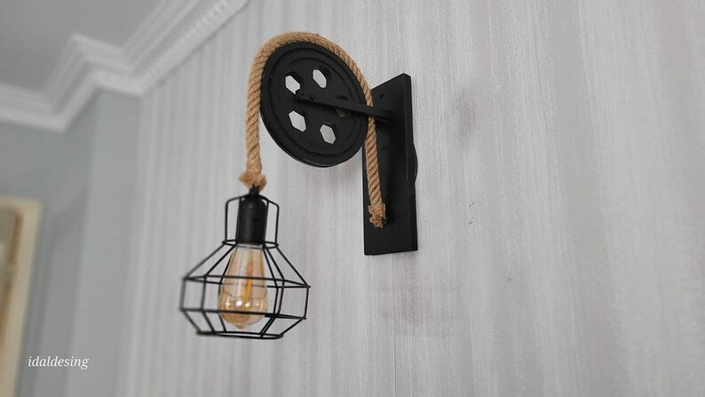Home Art Paris - Industrial Cage Wall Sconce, Rustic Pulley Lamp, Wood & Rope Wall Light Fixture, Bar - Man Cave Decor