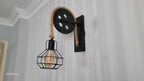 Home Art Paris - Industrial Cage Wall Sconce, Rustic Pulley Lamp, Wood & Rope Wall Light Fixture, Bar - Man Cave Decor