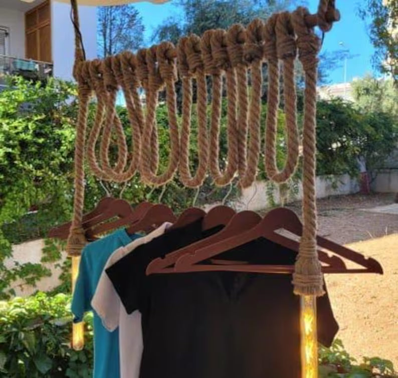 Industrial Rope Clothes Rack with 2 Lights Ceiling Hanging Garment Rack Homeartparis production