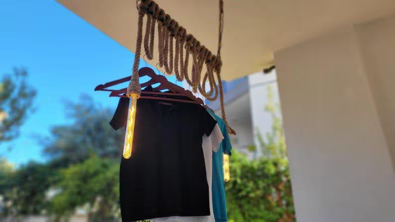 Industrial Rope Clothes Rack with 2 Lights Ceiling Hanging Garment Rack Homeartparis production