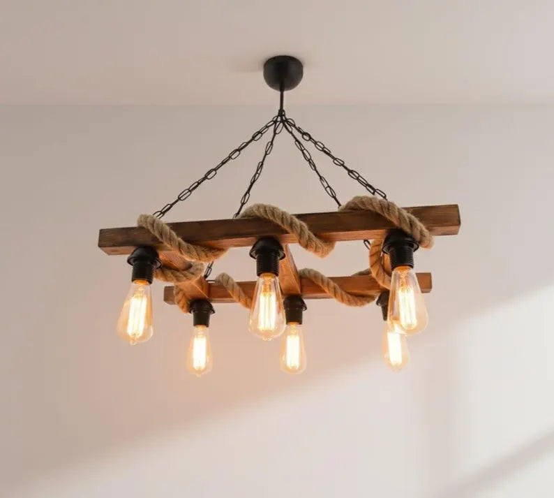 Ladder Rope and Wood Chandelier | 6-Light Rustic Farmhouse Beam Pendant Light | Industrial Cabin Ceiling Fixture E27