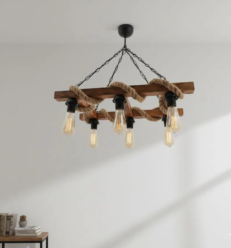 Ladder Rope and Wood Chandelier | 6-Light Rustic Farmhouse Beam Pendant Light | Industrial Cabin Ceiling Fixture E27