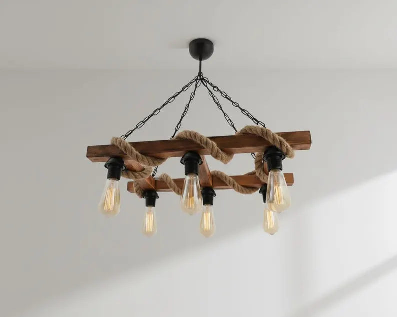 Ladder Rope and Wood Chandelier | 6-Light Rustic Farmhouse Beam Pendant Light | Industrial Cabin Ceiling Fixture E27