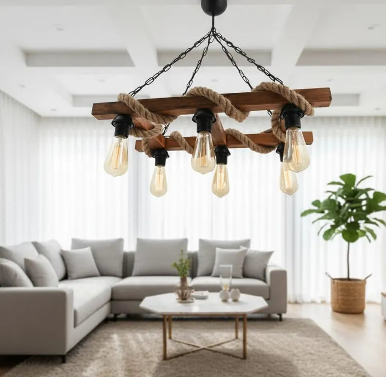 Ladder Rope and Wood Chandelier | 6-Light Rustic Farmhouse Beam Pendant Light | Industrial Cabin Ceiling Fixture E27