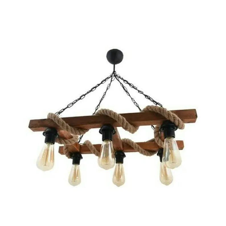 Ladder Rope and Wood Chandelier | 6-Light Rustic Farmhouse Beam Pendant Light | Industrial Cabin Ceiling Fixture E27