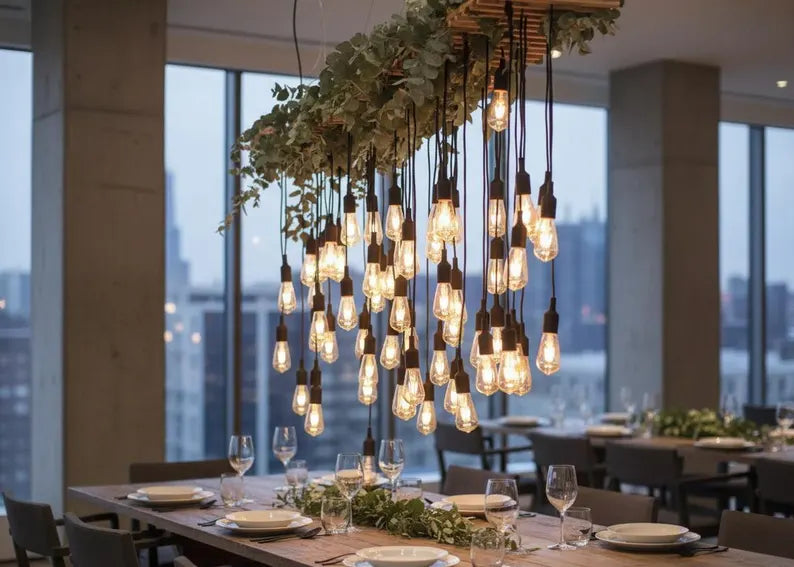 Large 40-Light Wood Chandelier with Greenery, Rustic Pendant Cluster, Farmhouse Restaurant Cafe Bar Lighting Fixture