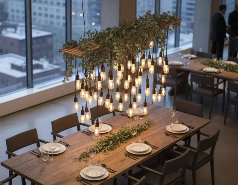 Large 40-Light Wood Chandelier with Greenery, Rustic Pendant Cluster, Farmhouse Restaurant Cafe Bar Lighting Fixture