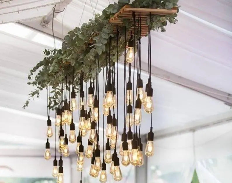 Large 40-Light Wood Chandelier with Greenery, Rustic Pendant Cluster, Farmhouse Restaurant Cafe Bar Lighting Fixture