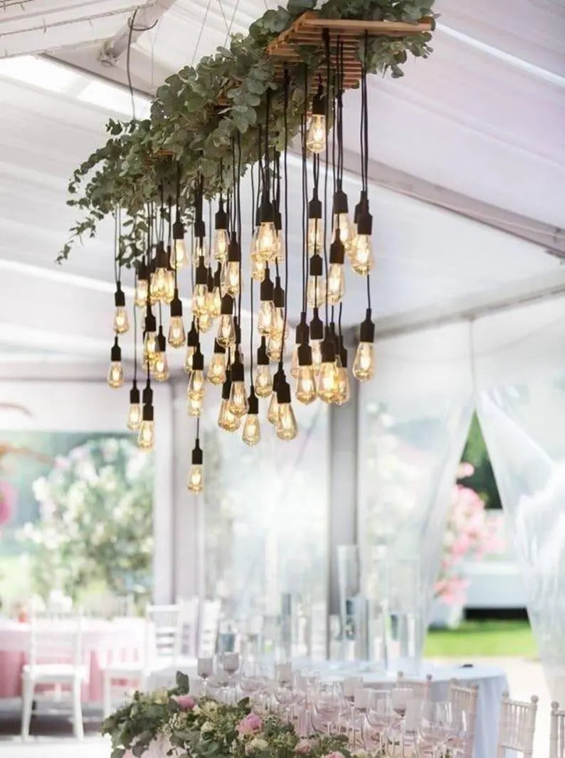 Large 40-Light Wood Chandelier with Greenery, Rustic Pendant Cluster, Farmhouse Restaurant Cafe Bar Lighting Fixture