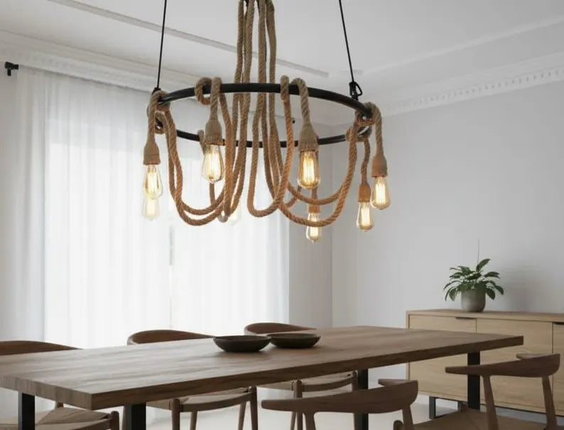 Large Wagon Wheel Rope Chandelier, 8-Arm Rustic Lamp, Farmhouse Pendant Lighting, Living Room & Dining Table Light