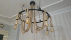 Large Wagon Wheel Rope Chandelier, 8-Arm Rustic Lamp, Farmhouse Pendant Lighting, Living Room & Dining Table Light