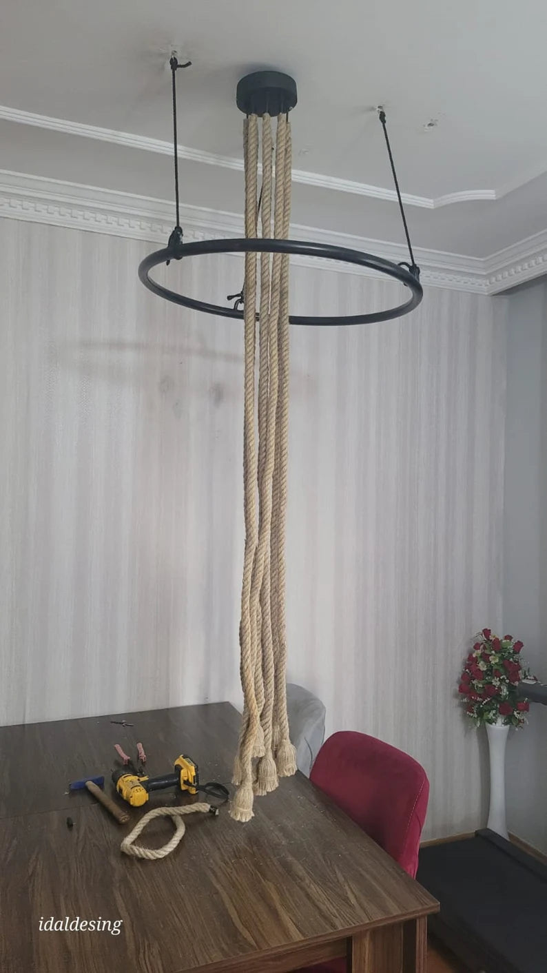Large Wagon Wheel Rope Chandelier, 8-Arm Rustic Lamp, Farmhouse Pendant Lighting, Living Room & Dining Table Light