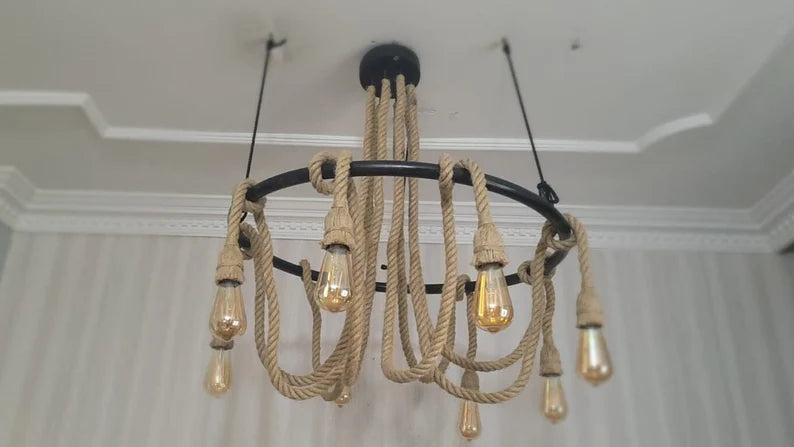 Large Wagon Wheel Rope Chandelier, 8-Arm Rustic Lamp, Farmhouse Pendant Lighting, Living Room & Dining Table Light