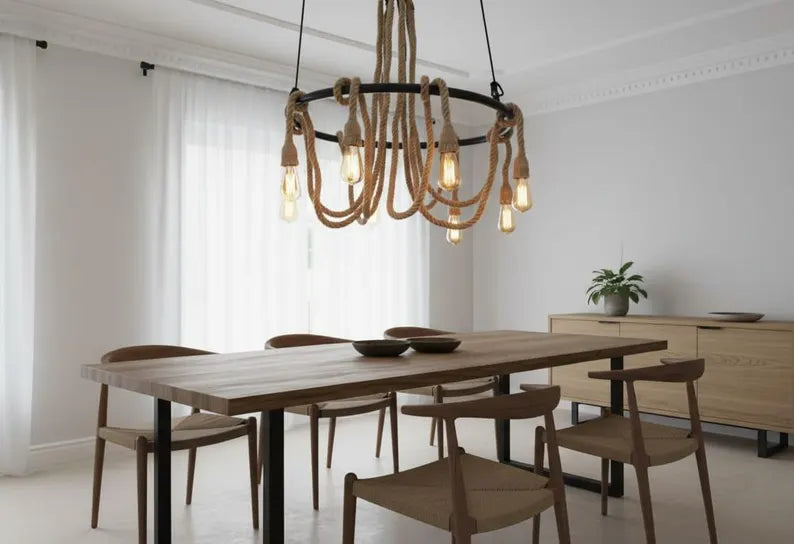 Large Wagon Wheel Rope Chandelier, 8-Arm Rustic Lamp, Farmhouse Pendant Lighting, Living Room & Dining Table Light