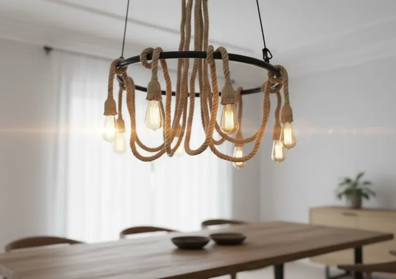 Large Wagon Wheel Rope Chandelier, 8-Arm Rustic Lamp, Farmhouse Pendant Lighting, Living Room & Dining Table Light
