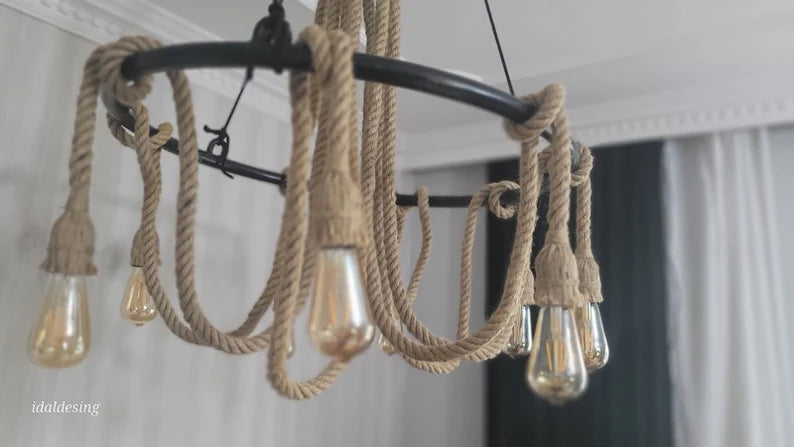 Large Wagon Wheel Rope Chandelier, 8-Arm Rustic Lamp, Farmhouse Pendant Lighting, Living Room & Dining Table Light