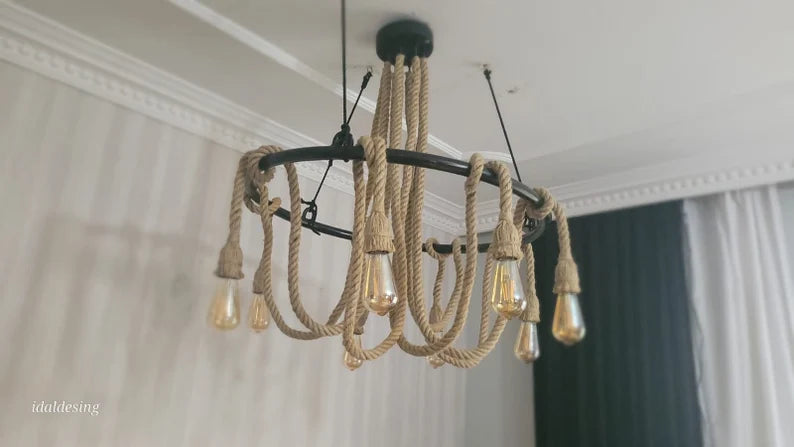 Large Wagon Wheel Rope Chandelier, 8-Arm Rustic Lamp, Farmhouse Pendant Lighting, Living Room & Dining Table Light