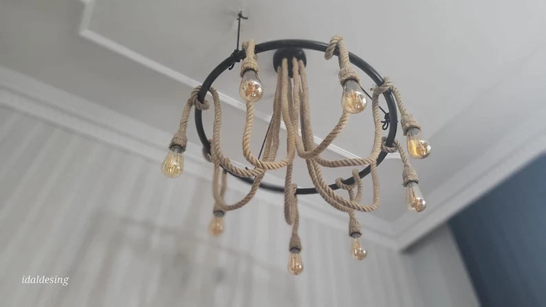 Large Wagon Wheel Rope Chandelier, 8-Arm Rustic Lamp, Farmhouse Pendant Lighting, Living Room & Dining Table Light