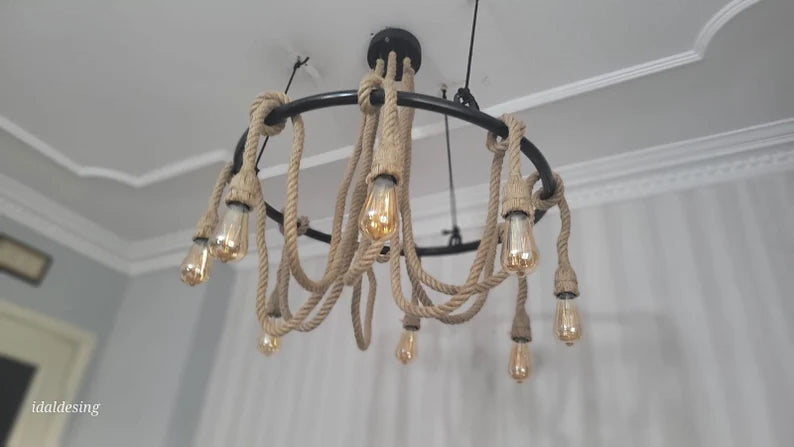 Large Wagon Wheel Rope Chandelier, 8-Arm Rustic Lamp, Farmhouse Pendant Lighting, Living Room & Dining Table Light