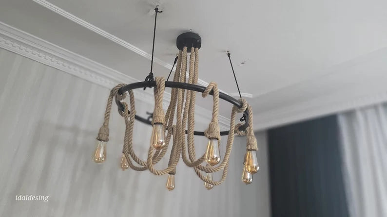 Large Wagon Wheel Rope Chandelier, 8-Arm Rustic Lamp, Farmhouse Pendant Lighting, Living Room & Dining Table Light